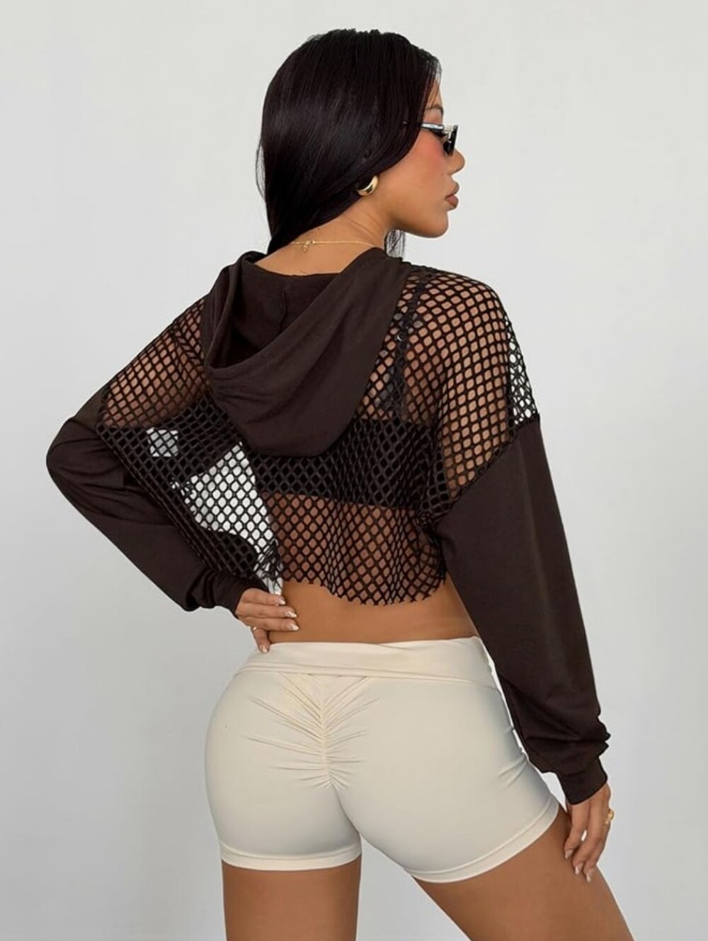 Women's Long Sleeve Fishnet Cropped Hoodies Y2k Asymmetrical - NWOT XXL